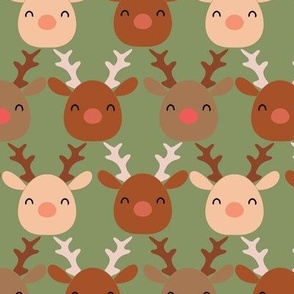 large 5x5in cute reindeer faces - green