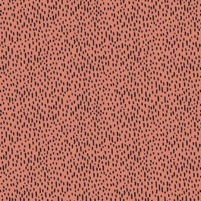 322 - Small mini micro tiny scale  textured organic dashes in warm coral and chocolate brown, and strokes  coordinate for patchwork,. quilting,  crafts, baby and nursery crafts, pet accessories, hair and fashion accessories, children and adult clothing