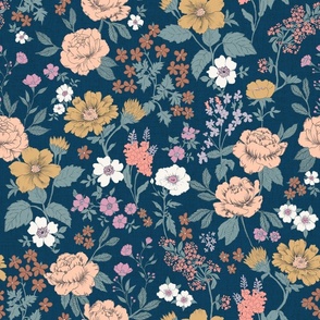 Stella Modern Vintage Floral Deep Blue LARGE