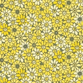 467 - Small scale buttercup daisies in zesty lemon yellow and olive green, a meadow full of flowers for children's clothing, dresses, wallpaper.  Hand drawn florals pretty whimsical garden in springtime and summertime