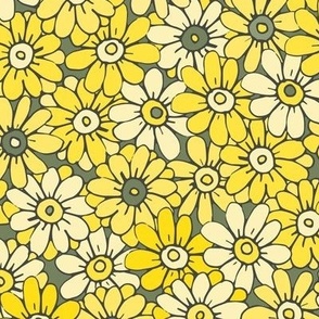 Buttercup daisies (large scale) in zesty lemon yellow and olive green, a meadow full of flowers for children's clothing, dresses, wallpaper.  Hand drawn florals pretty whimsical garden in springtime and summertime