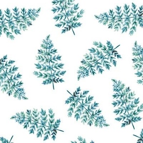 Watercolor Fern Twigs Cool Greens and Blues | Hand Painted Pattern | White