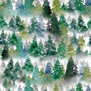 Misty Forest - Hand Painted Watercolor Spruces