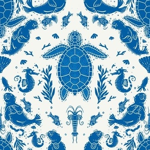 Blue Seals and Turtles on cream - medium size