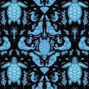 (S) Seals and Turtles in ocean - light blue on black 