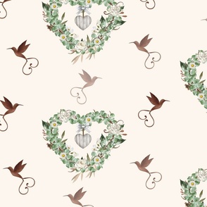 wedding florals, hearts and birds in a soft watercolor style