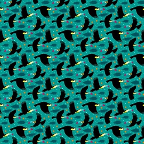 colorful flying toucan birds on opal green | small