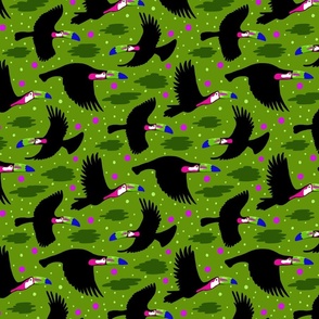 colorful flying toucan birds on lime green | medium