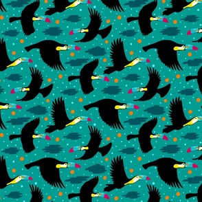 colorful flying toucan birds on bluish green | medium