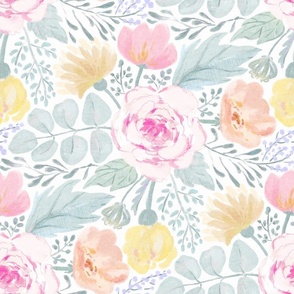 Soft Painted Boho Florals in pink and light teal on off-white