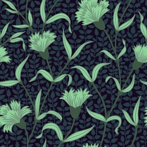 Mint Blue Carnations on Dark Background in William Morris Style