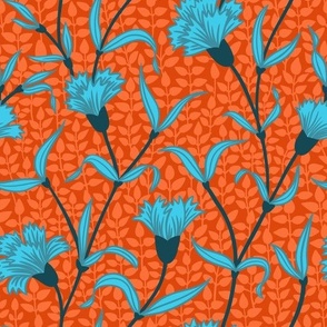 Blue Carnation Flowers on Orange Background