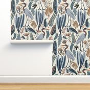 Heron and plants - blue cream - large