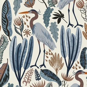 Heron and plants - blue cream - large