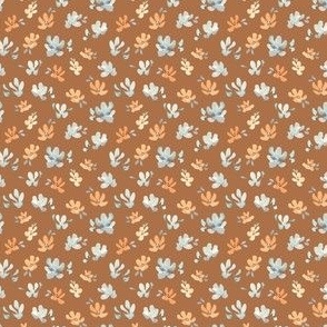 Small blue and orange watercolor floral on brown, ditsy winter floral for kids apparel 2" Tundra