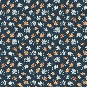 Small blue and orange watercolor floral on deep blue, ditsy winter floral for kids apparel 2" navy