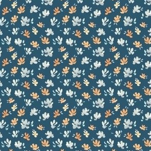 Small blue and orange watercolor floral on arctic blue, ditsy winter floral for kids apparel 2" teal