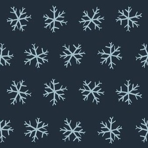 Medium hand drawn arctic snowflakes, snow blender print for gender neutral kids apparel in navy and pastel blue