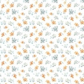 Small blue and orange watercolor floral on white, ditsy winter floral for kids apparel 2"
