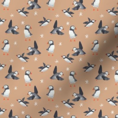 small puffins on light brown, arctic bird for gender neutral winter kids apparel