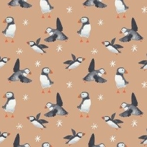 small puffins on light brown, arctic bird for gender neutral winter kids apparel