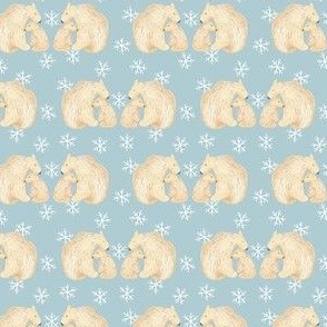 small polar bears on light blue with white snowflake, cute arctic animals for kids apparel, 1 inch bear
