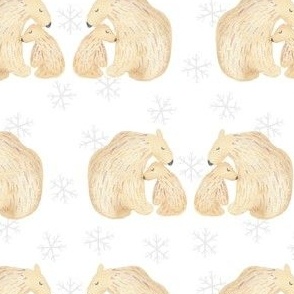 Medium polar bears on white with tonal snowflake, cute arctic animals for kids apparel 2 inch bear