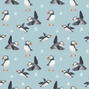 small puffins on light blue, arctic bird for gender neutral winter kids apparel