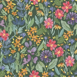 Large painterly wildflower meadow on dark green with pink, yellow and blue flowers, winter and fall floral