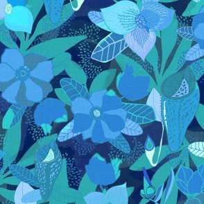 Tropical Jungle Blue Turquoise Linen Texture