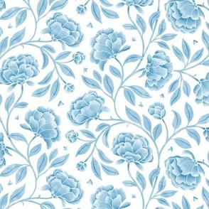 Peony Romance (medium) - Sky Blue and White - cottagecore trailing floral with soft petals