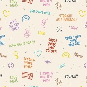 Pride month celebrations - queer lgbtq+ slogans and quotes with little love and peace rainbow icons text design pride colors on sand