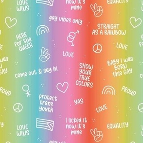 Pride month celebrations - queer lgbtq+ slogans and quotes with little love and peace rainbow icons text design on rainbow pride colors