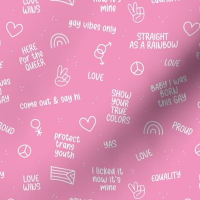 Pride month celebrations - queer lgbtq+ slogans and quotes with little love and peace rainbow icons text design white on pink