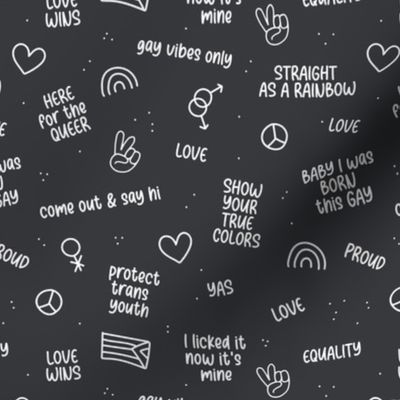 Pride month celebrations - queer lgbtq+ slogans and quotes with little love and peace rainbow icons text design white on charcoal gray