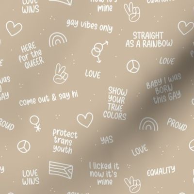Pride month celebrations - queer lgbtq+ slogans and quotes with little love and peace rainbow icons text design neutral white on sand