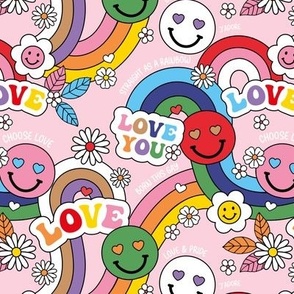 Celebrate pride month - retro rainbow - lgbtq+ rainbows flowers hearts and smileys celebrate love is love on pink