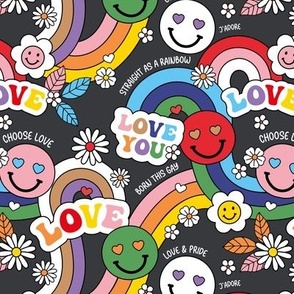 Celebrate pride month - retro rainbow - lgbtq+ rainbows flowers hearts and smileys celebrate love is love on charcoal gray