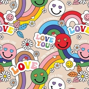 Celebrate pride month - retro rainbow - lgbtq+ rainbows flowers hearts and smileys celebrate love is love on tan beige