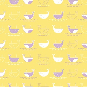 Cute Canary Yellow lilac Purple & White Whale Kids Fabric