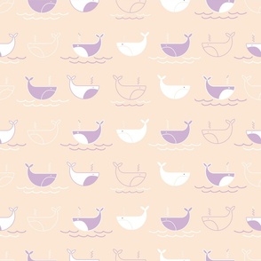 Cute Peachy Orange lilac Purple & White Whale Kids Fabric