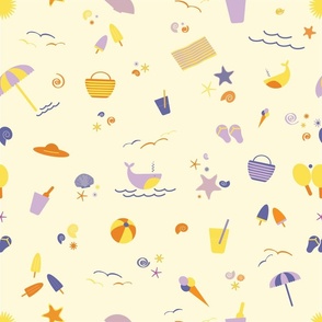 Cute Cornsilk yellow, Apricot Orange and Lilac purple Kids Summer Vacation Beach Day Fabric