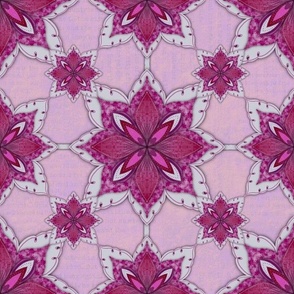 Mixed media and hand drawn mandala flowers in a grid 6” repeat pink, cerise, and grey hues with book paper background
