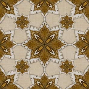 Mixed media and hand drawn mandala flowers in a grid 6” repeat earthy golden hues coordinate with book paper background