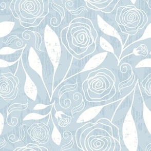 Sweet Roses, Leaves and Swirls_medium_seaside denim blue, white