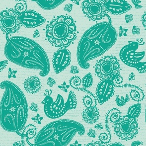 Blue and Teal Paisley Lace Birds Leaves Floral Bees