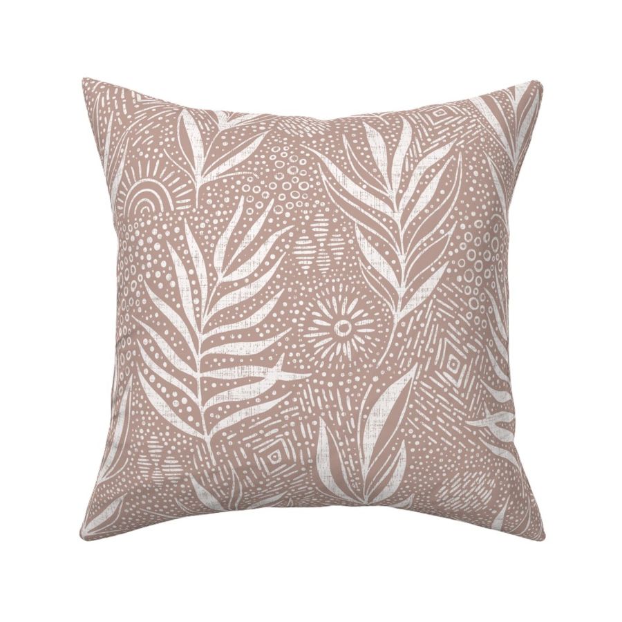 boho palm leaves and ethnic doodling on pale pink terracotta background