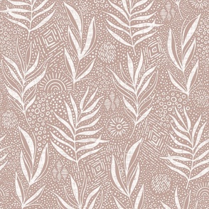 boho palm leaves and ethnic doodling on pale pink terracotta background