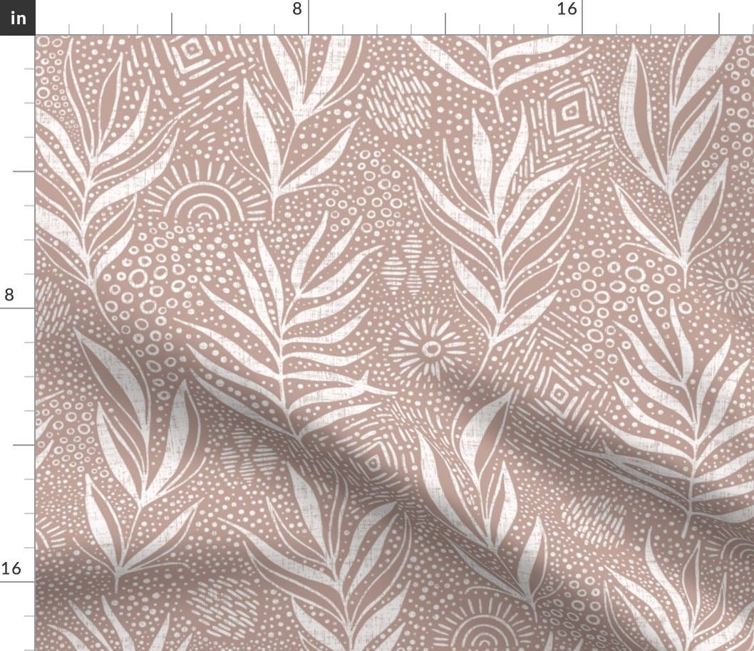 boho palm leaves and ethnic doodling on pale pink terracotta background