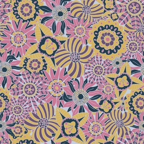 Maximalist Floral Pattern Pink Yellow Mustard Teal